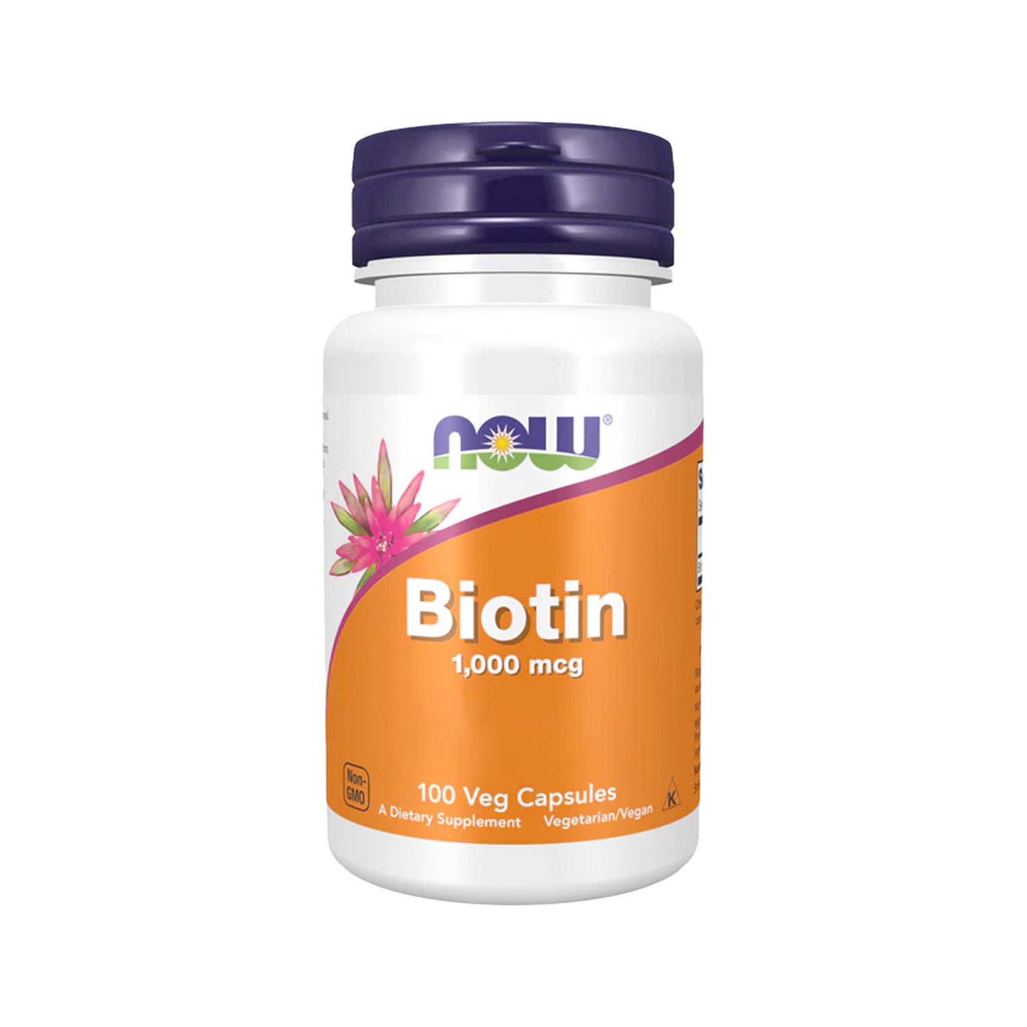 NOW Foods biotin 1 000 mcg i vit flaska med blå lock och etikett
