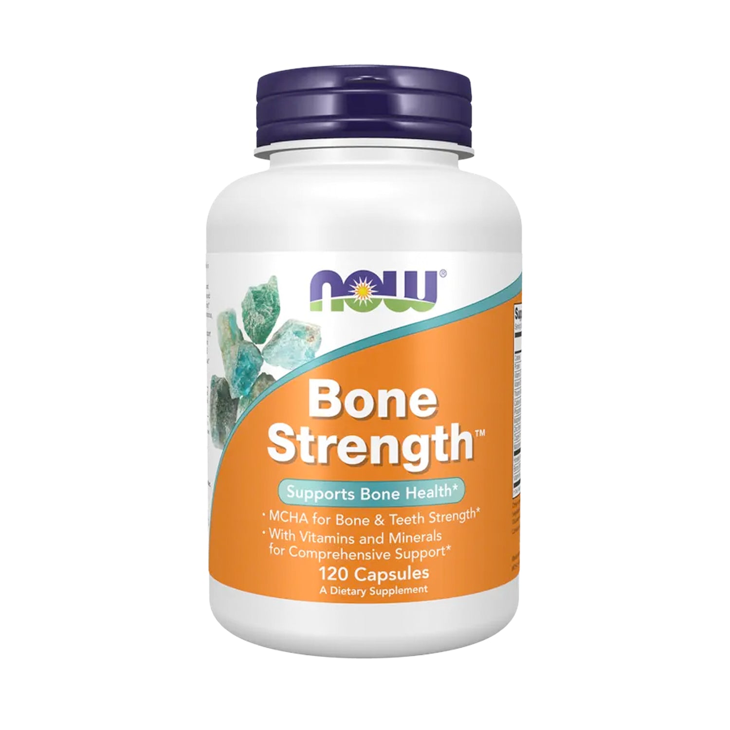 Kapselburk NOW Foods Bone Strength med skruvlock och etikett framtill