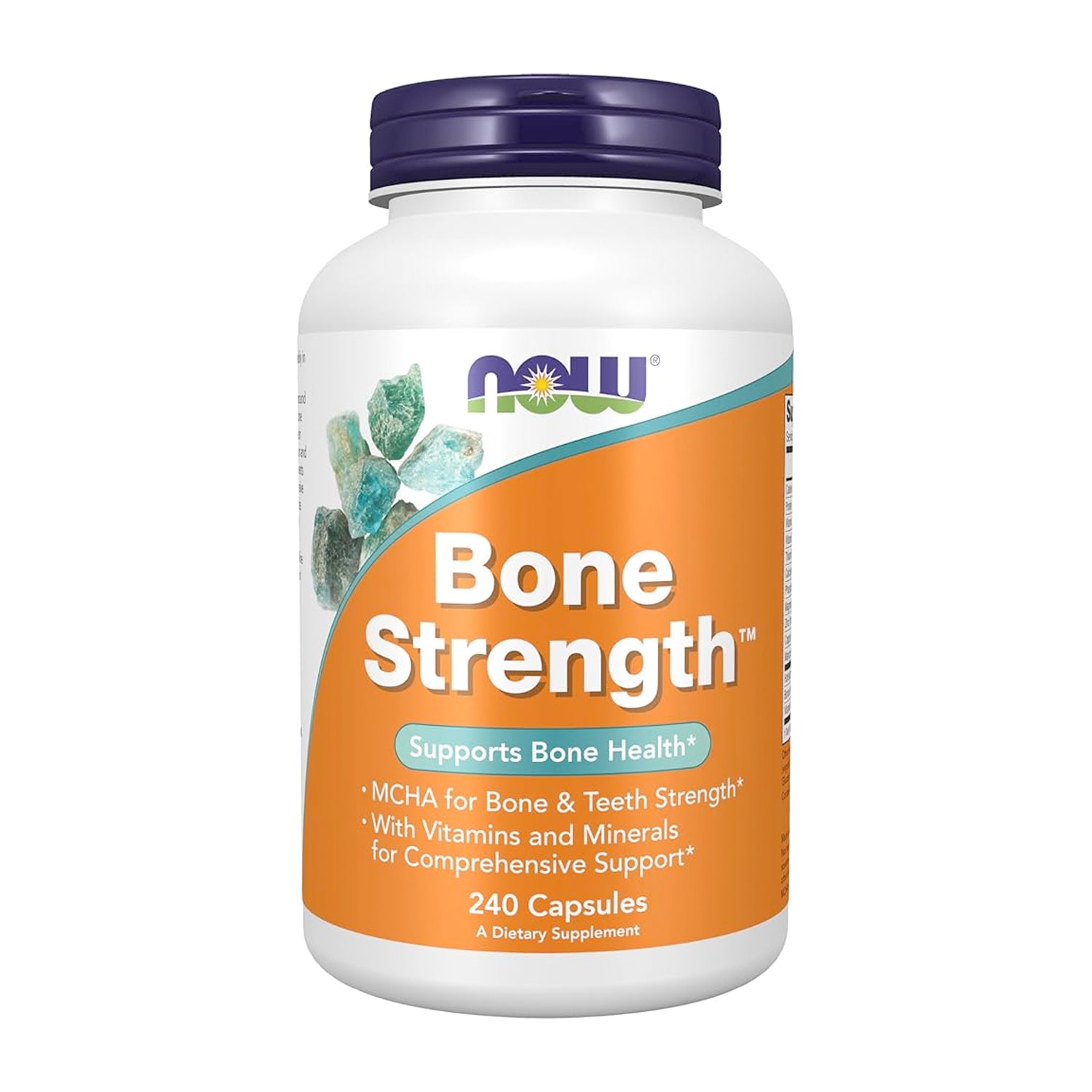 NOW Foods Bone Strength kosttillskott i vit flaska med lila lock