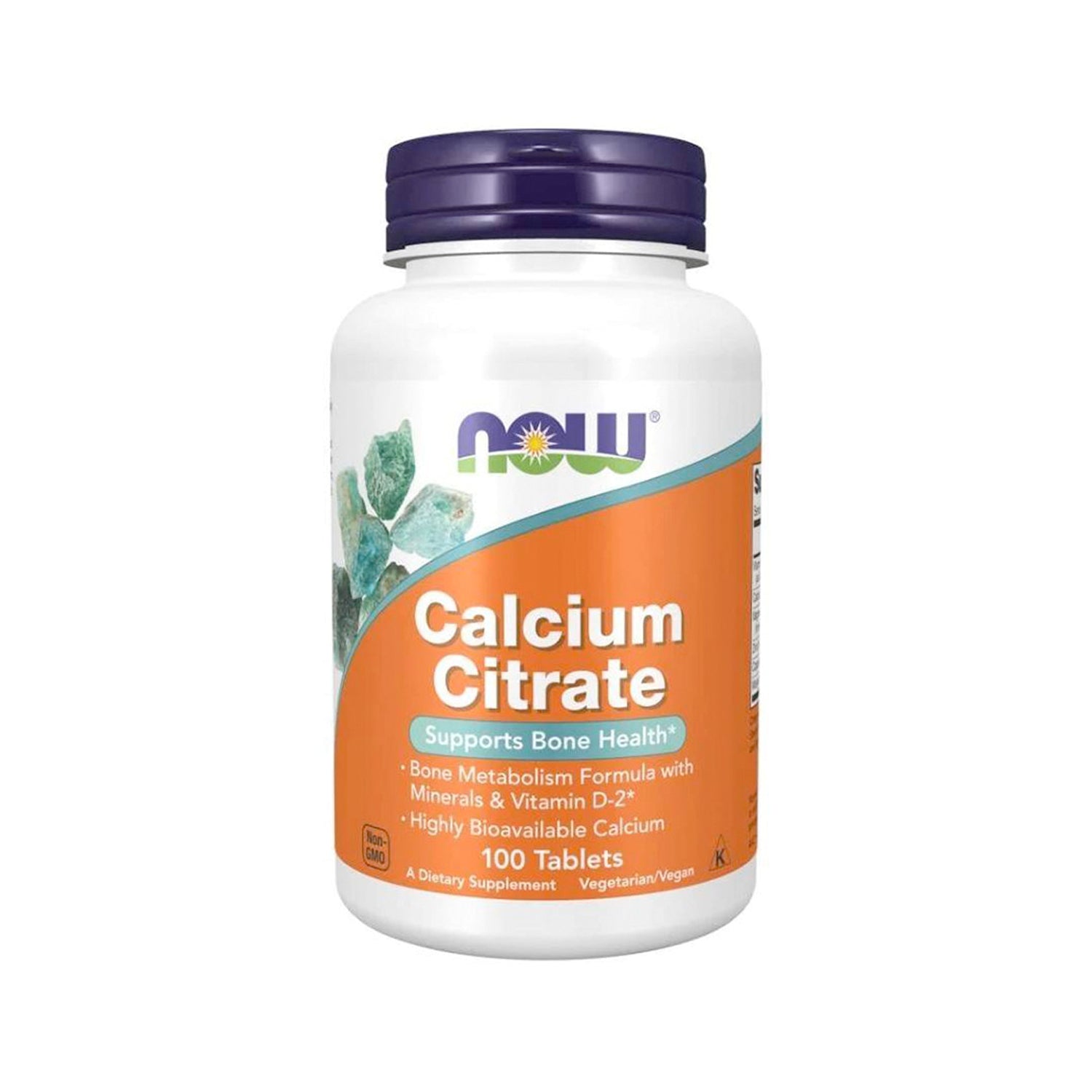 NOW Foods kalciumcitrat med vitamin D-2, tablettburk med lila lock