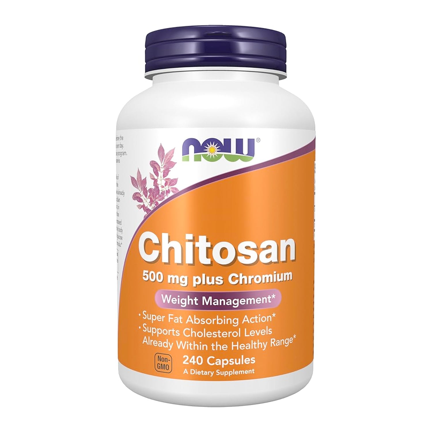 Kapseltillskott i vit flaska med lila lock och orange etikett, NOW Chitosan