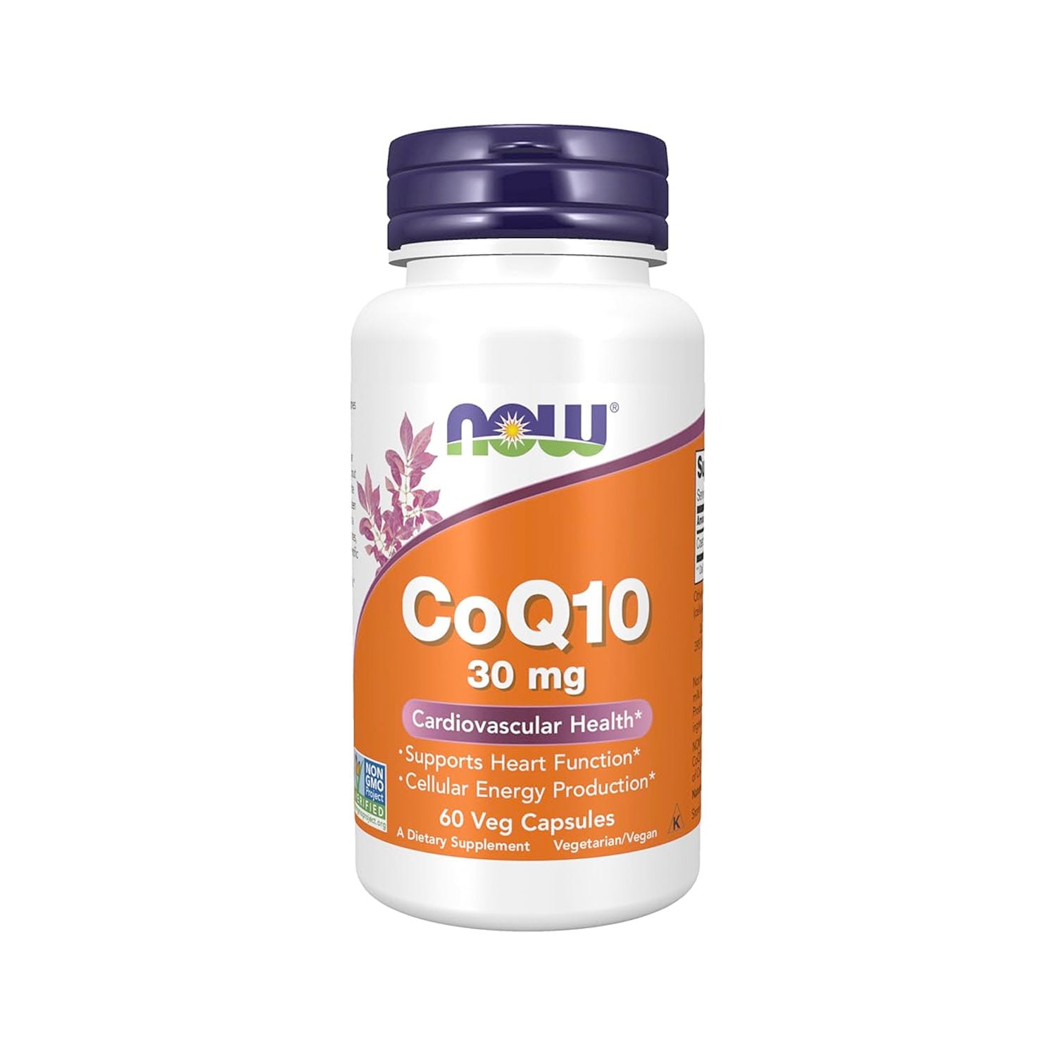 NOW Foods CoQ10 30 mg kapseltillskott i vit burk med lila lock och CoQ10-etikett