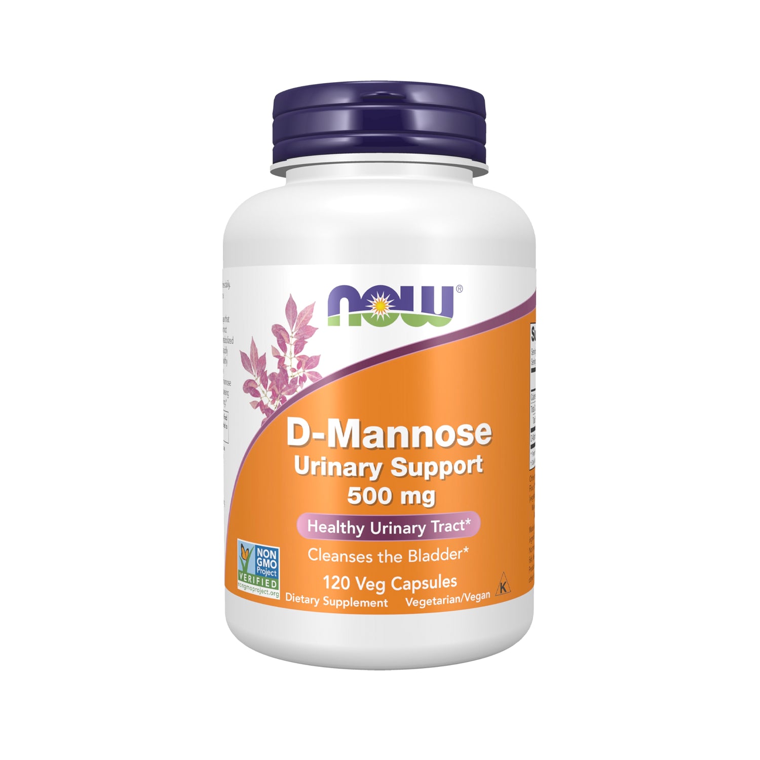 NOW D-Mannose 500 mg kapslar i vit flaska med lila lock och orange etikett
