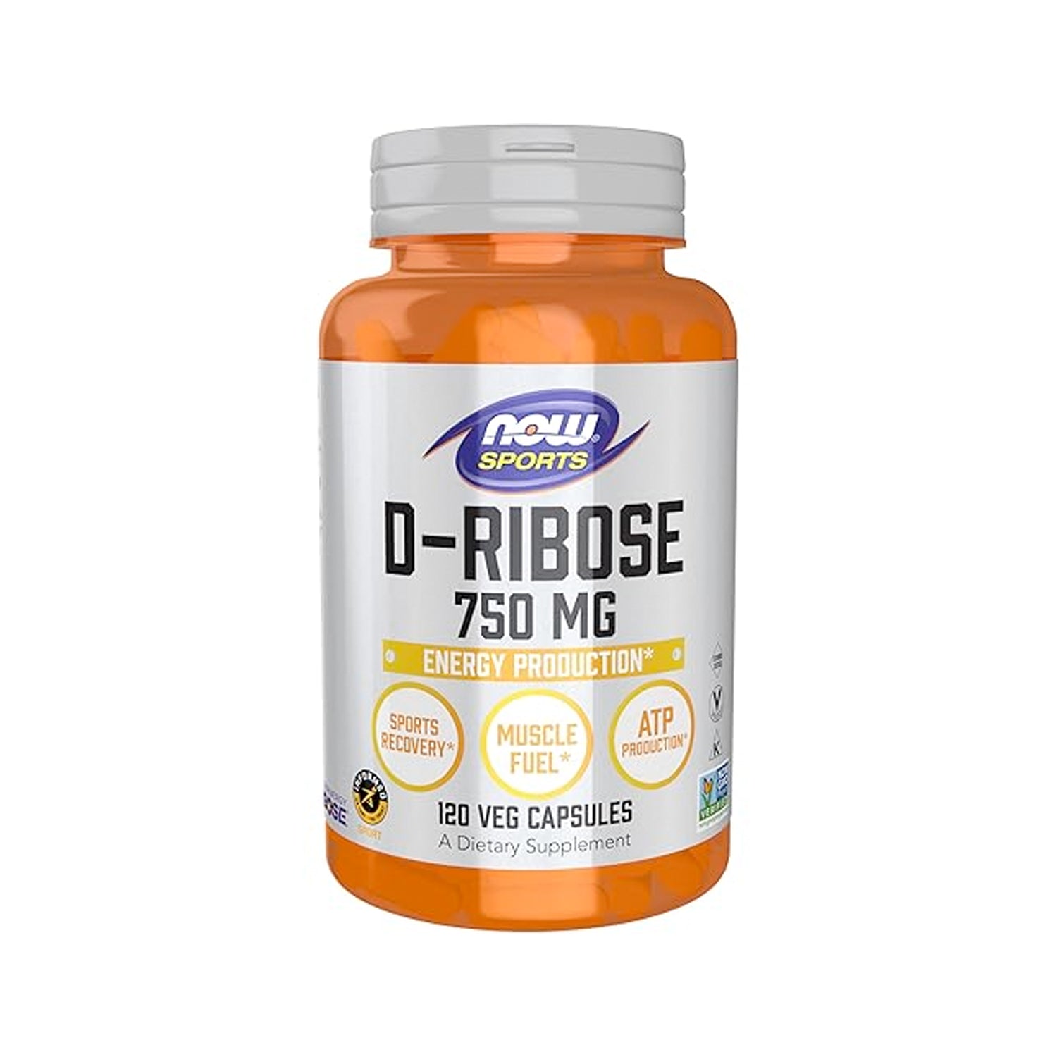 NOW D-Ribose 750 mg kosttillskott i orange burk med kapslaretikett