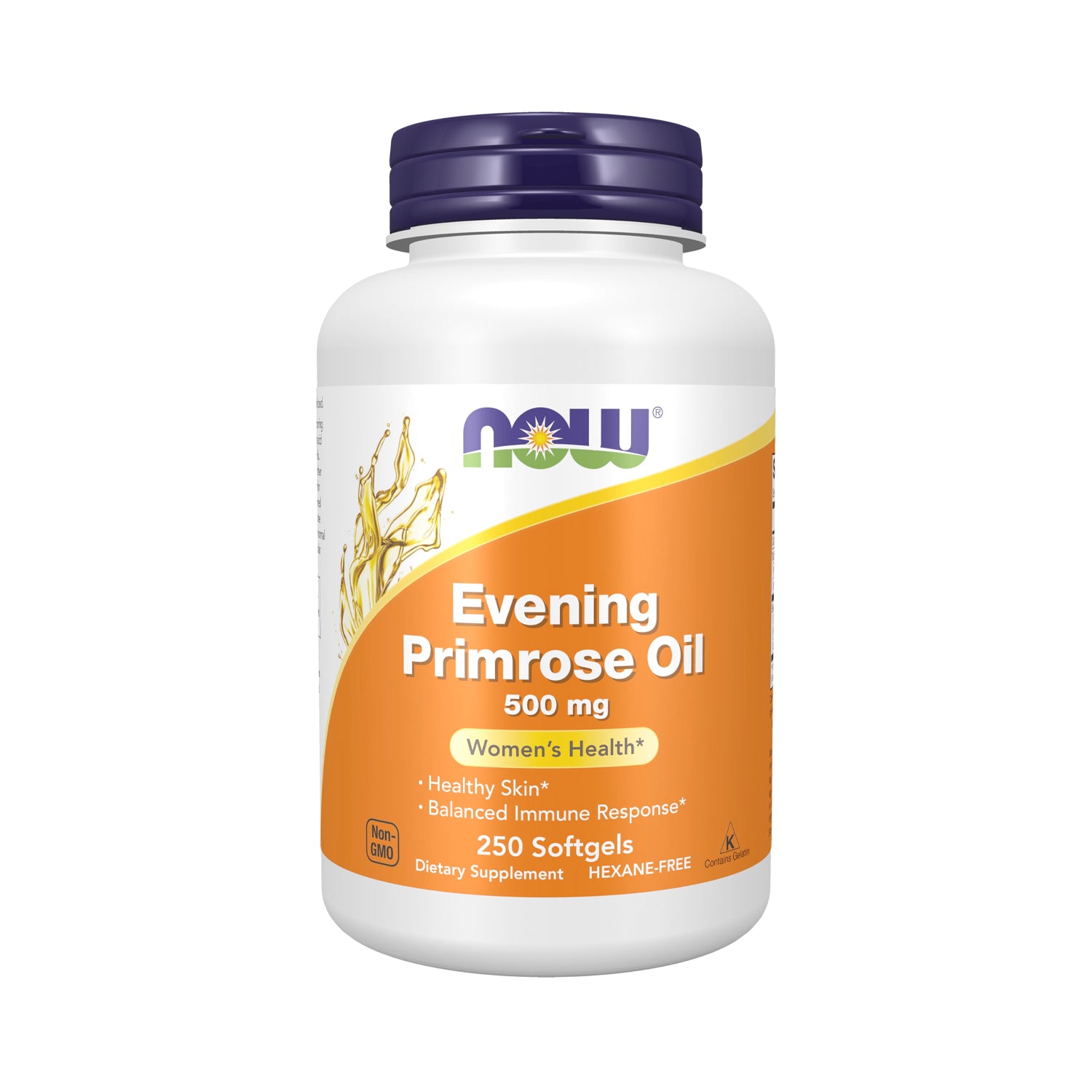 Kosttillskottflaska med Evening Primrose Oil 500 mg, 250 mjukgelkapslar, lila lock