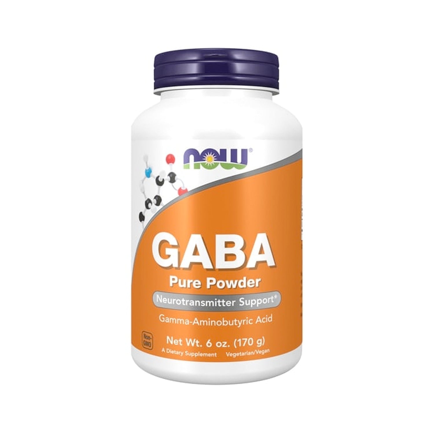 GABA-pulver i NOW Foods-burk, 170 g, etikett framtill