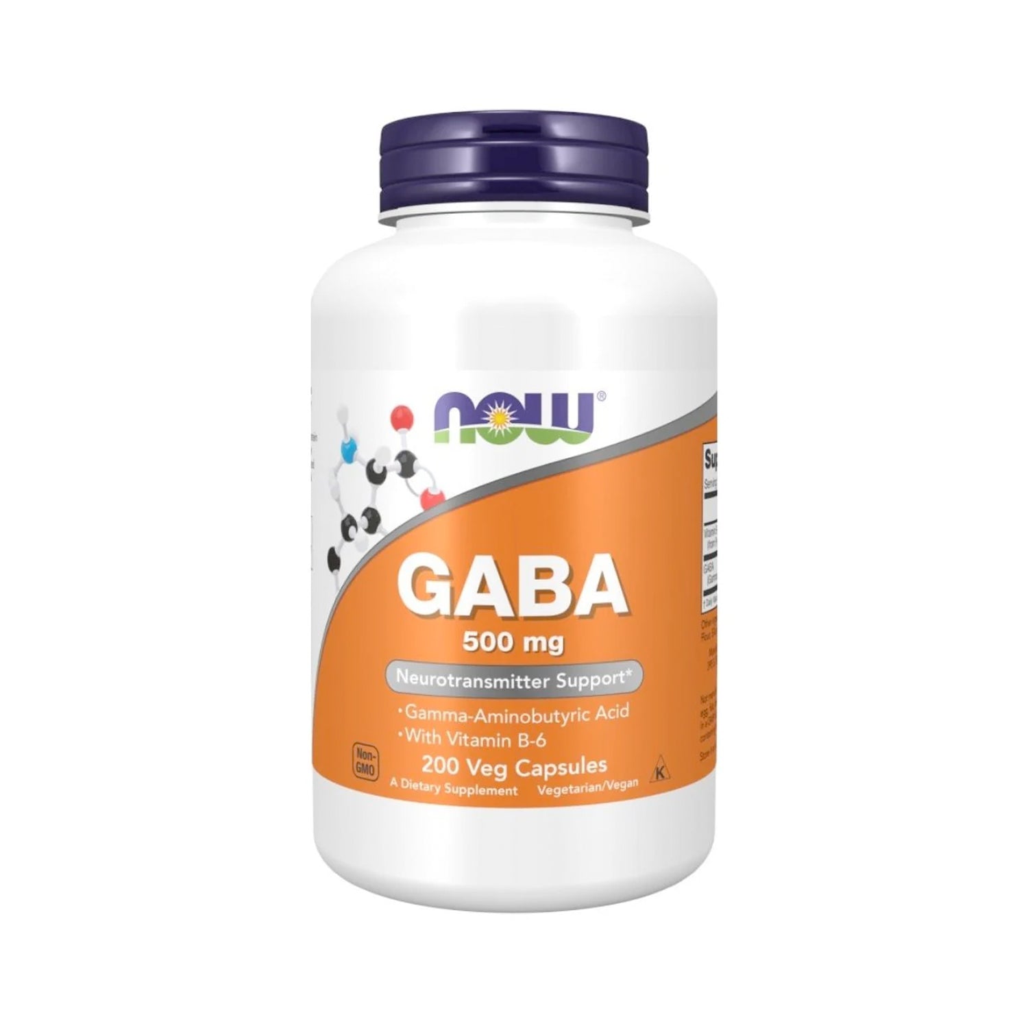 NOW GABA 500 mg kosttillskott i vit burk med lila lock, 200 kapslar