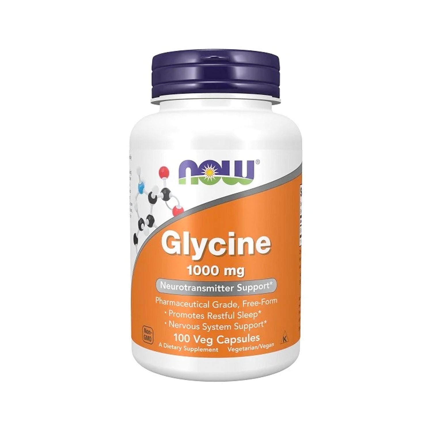 NOW Foods Glycin 1000 mg kapslar i vit burk med lila lock