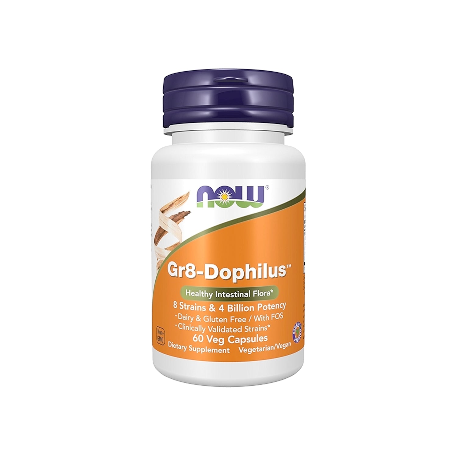 Kapseltillskott i vit flaska med lila lock, etikett med NOW Gr8-Dophilus