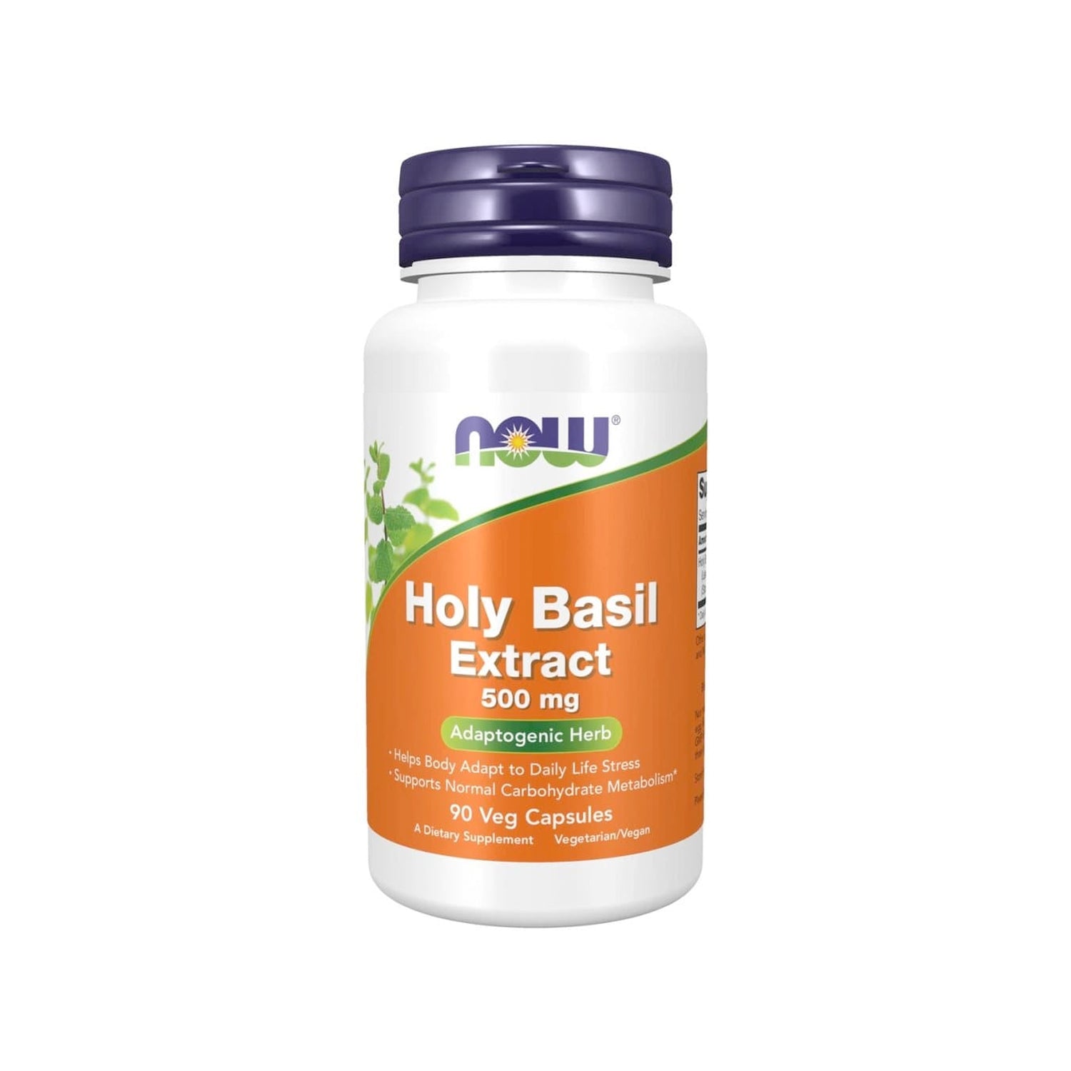 NOW Foods holy basil-extrakt i vit kapselburk med blå lock, 500 mg och 90 kapslar