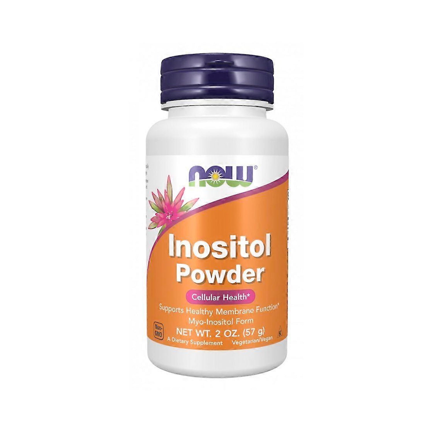 Inositolpulver i flaska med NOW-etikett och orange/vit design
