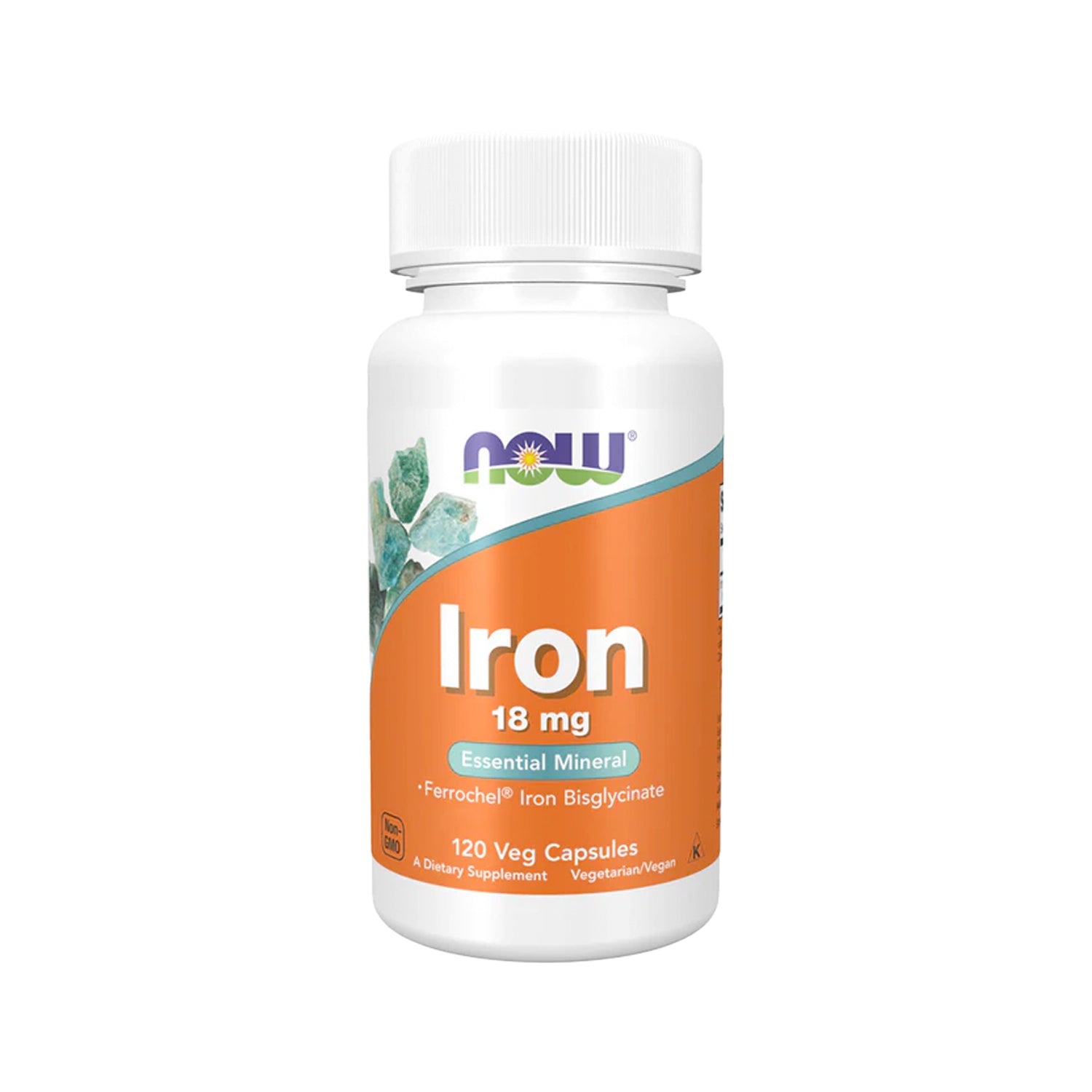 Järntillskott NOW Foods Iron 18 mg i vit kapselflaska, 120 kapslar