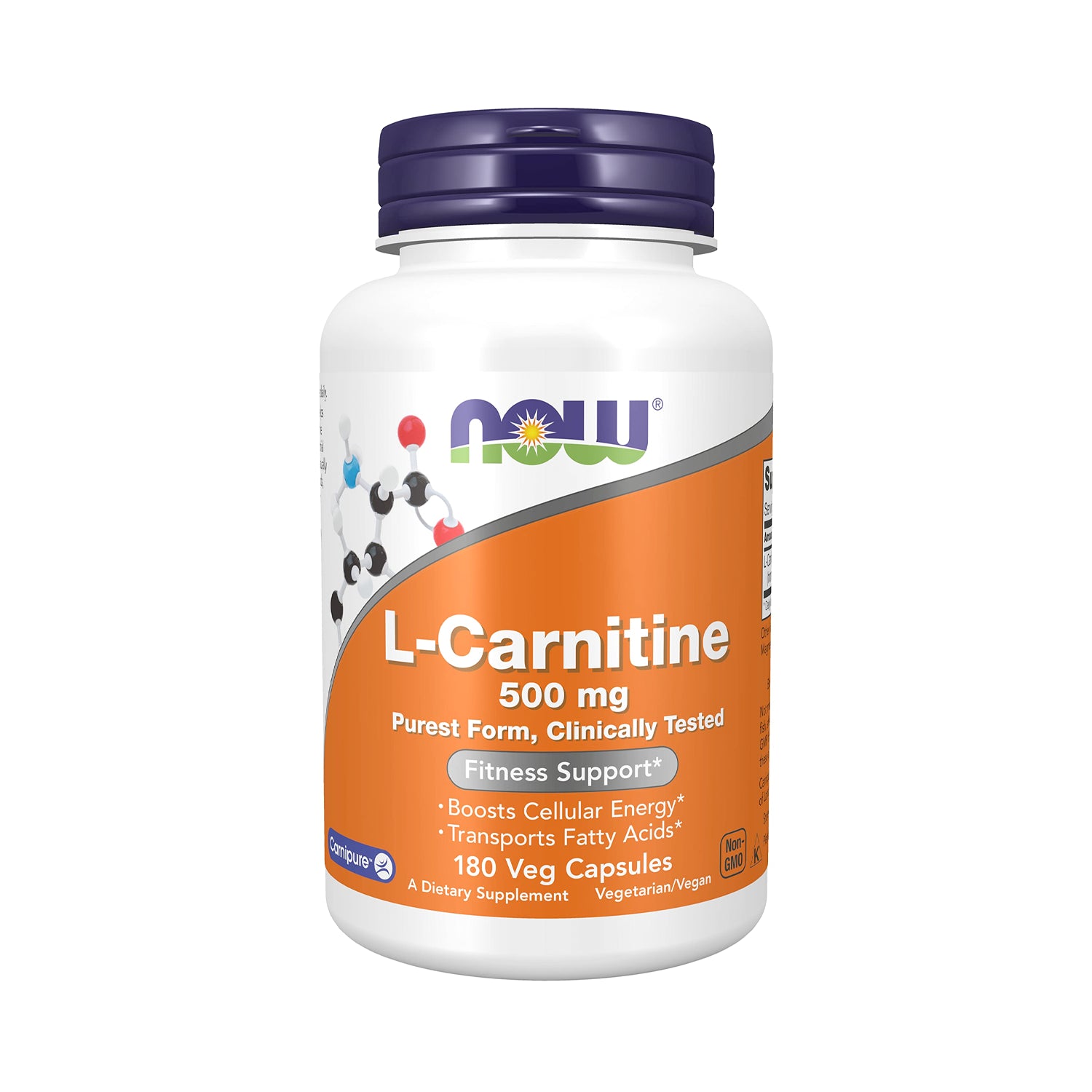 NOW Foods L-Carnitine 500 mg-kapselburk, etikett för 180 kapslar