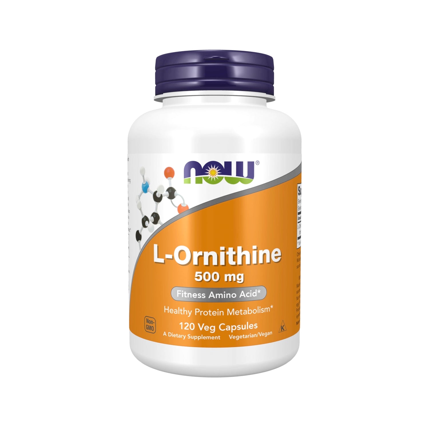 L-Ornithine 500 mg tillskott i vit burk med NOW-logga och lila lock