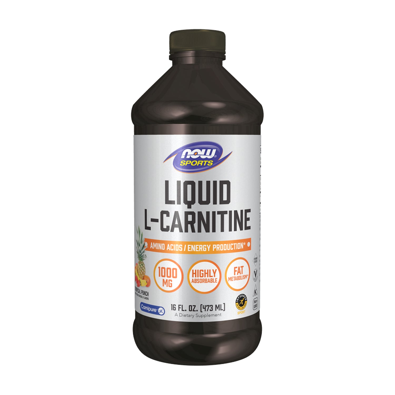 Flytande L-karnitinflaska 473 ml med fruktillustration på vit etikett