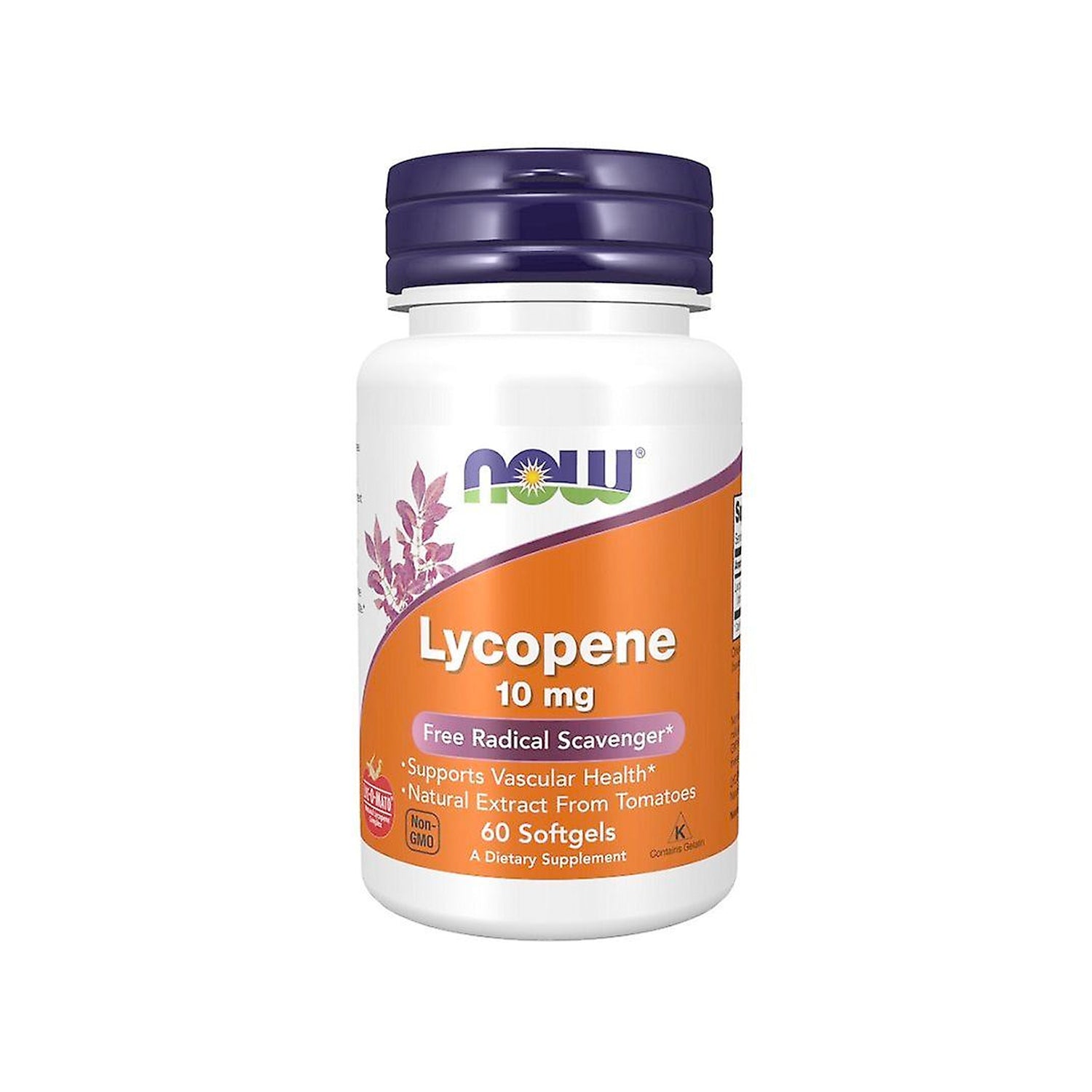 NOW Foods lykopen 10 mg kosttillskott i vit flaska med lila lock