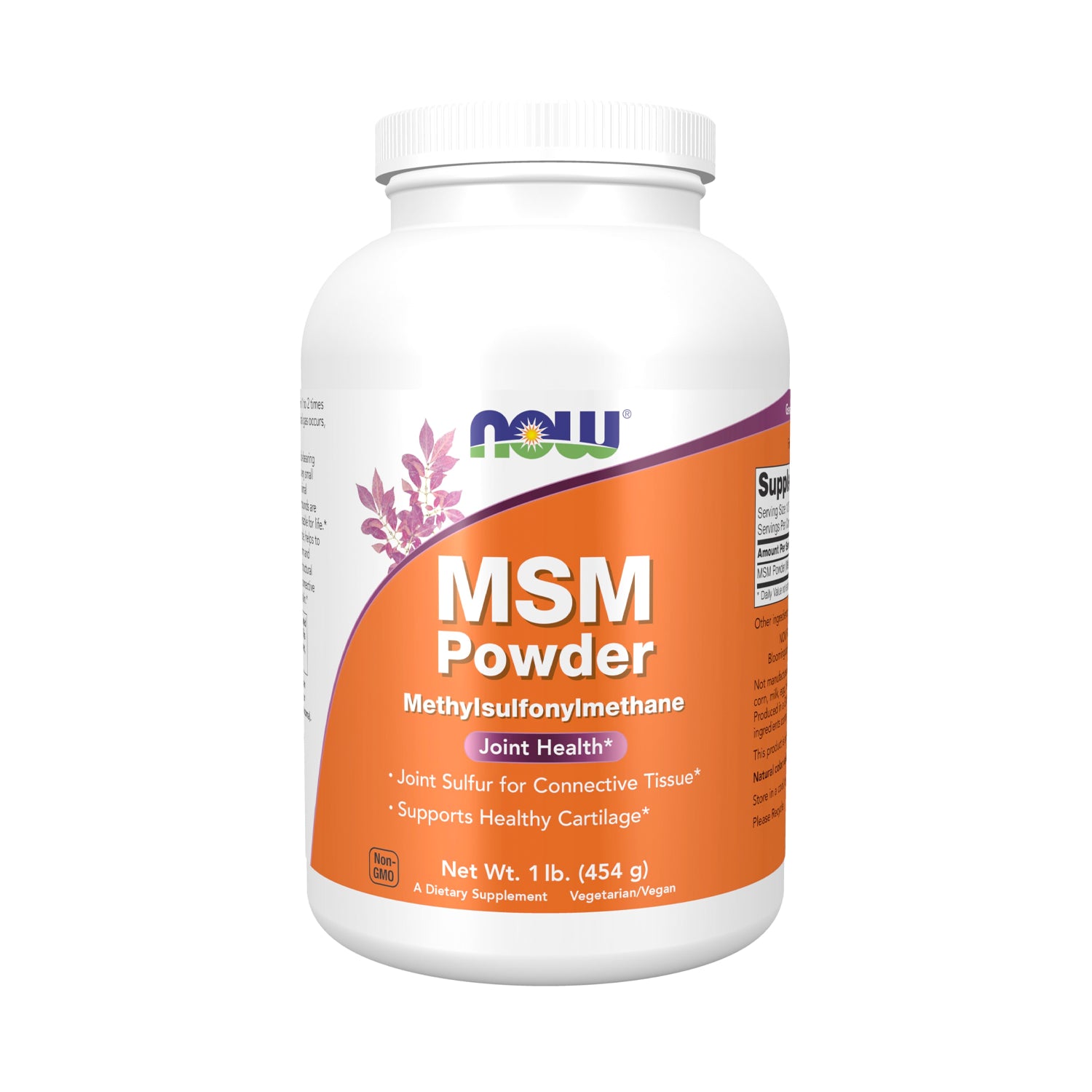 NOW Foods MSM-pulver i vit burk, 454 g, med etikett