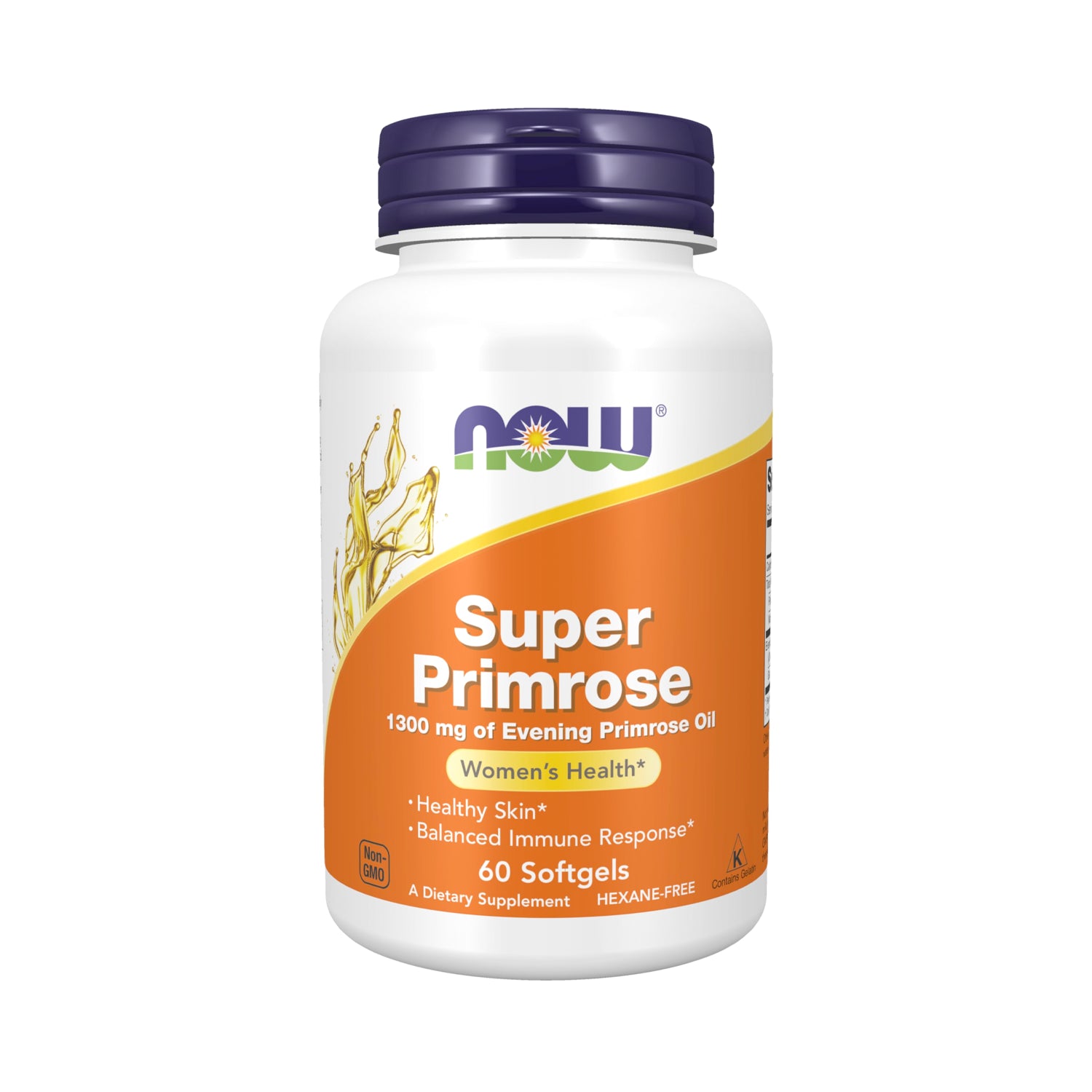 NOW Foods super primrose-kapslar i burk med lila lock, orange etikett.