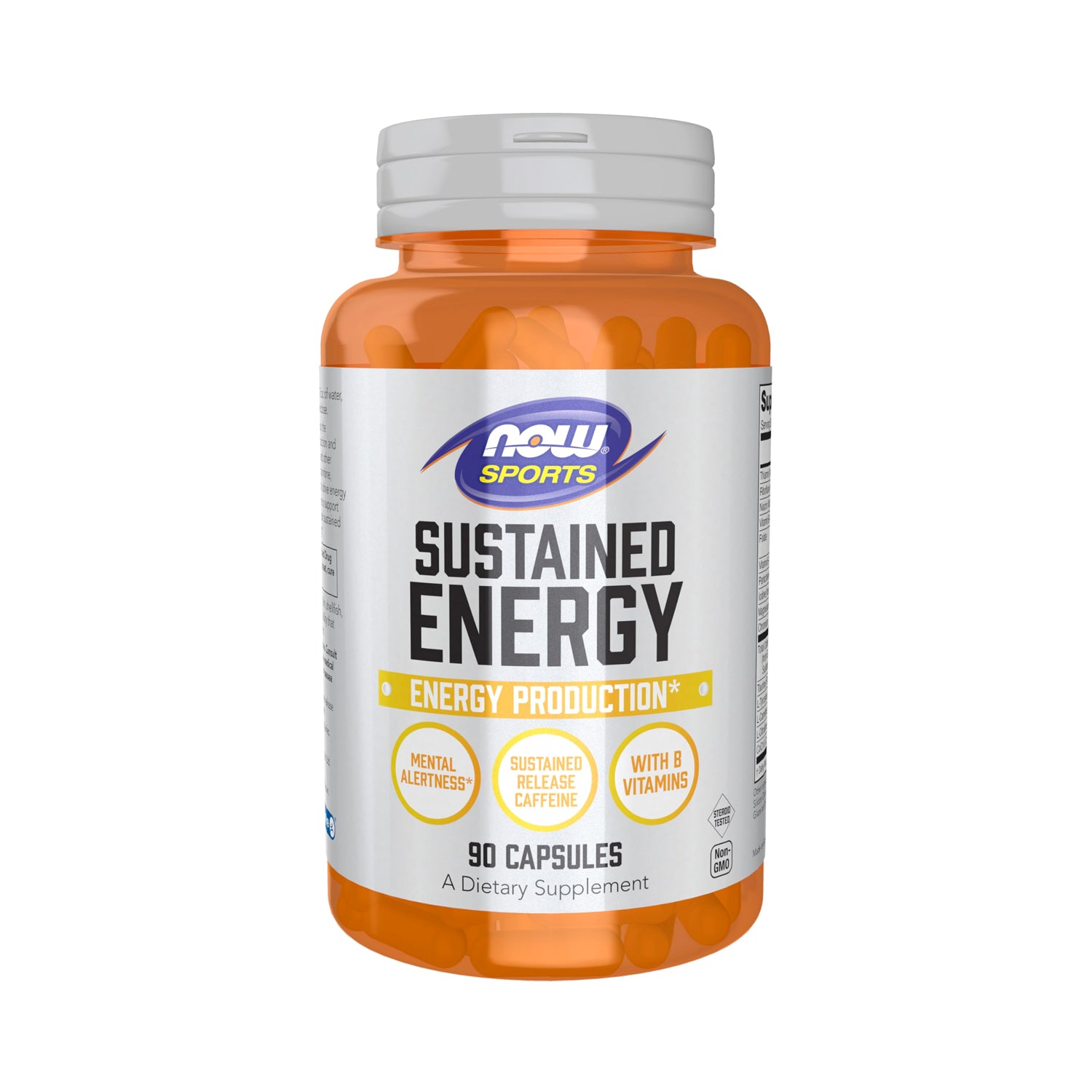NOW Sports Sustained Energy kosttillskott i orange flaska, 90 kapslar