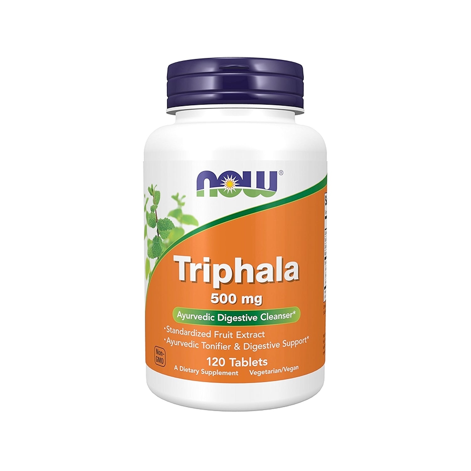 NOW Foods Triphala 120 tabletter i tablettflaska med etikett