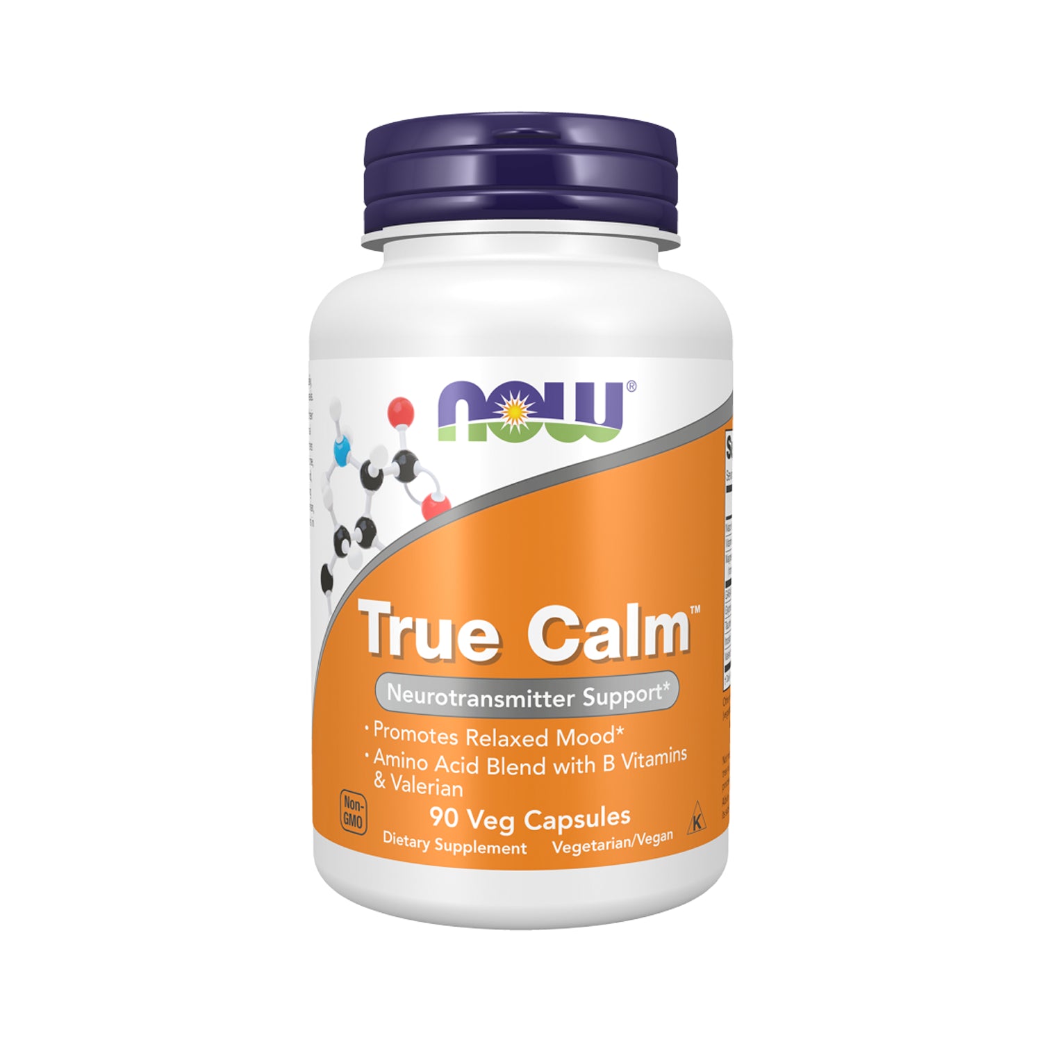 NOW True Calm kapselburk med orange etikett och blått lock, 90 vegankapslar