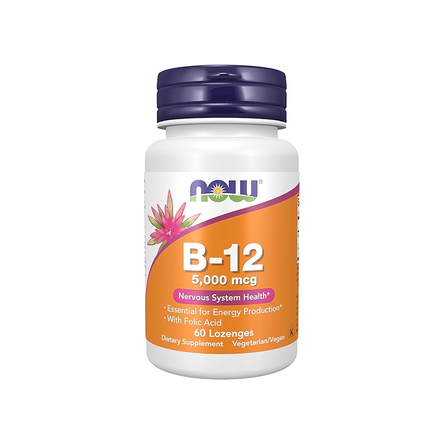 NOW Foods B-12 tillskott i tablettflaska, vita sugtabletter, lila lock