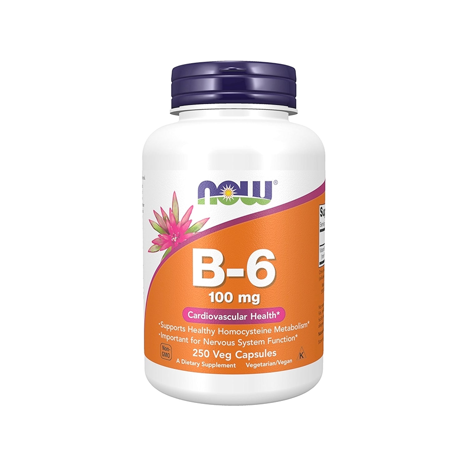 NOW Foods B-6 kapselburk med 250 veganska kapslar, vit flaska och lila lock.