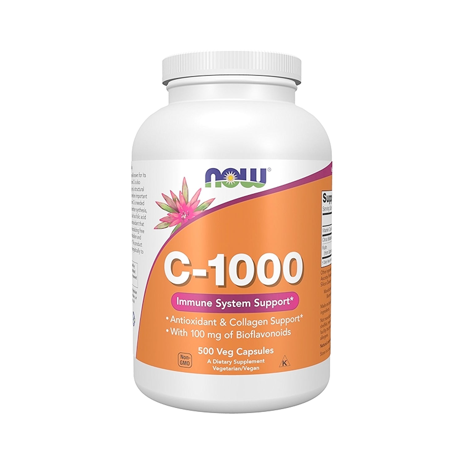 Vitamin C-1000 tillskott i vit burk med skruvkork, NOW, 500 kapslar