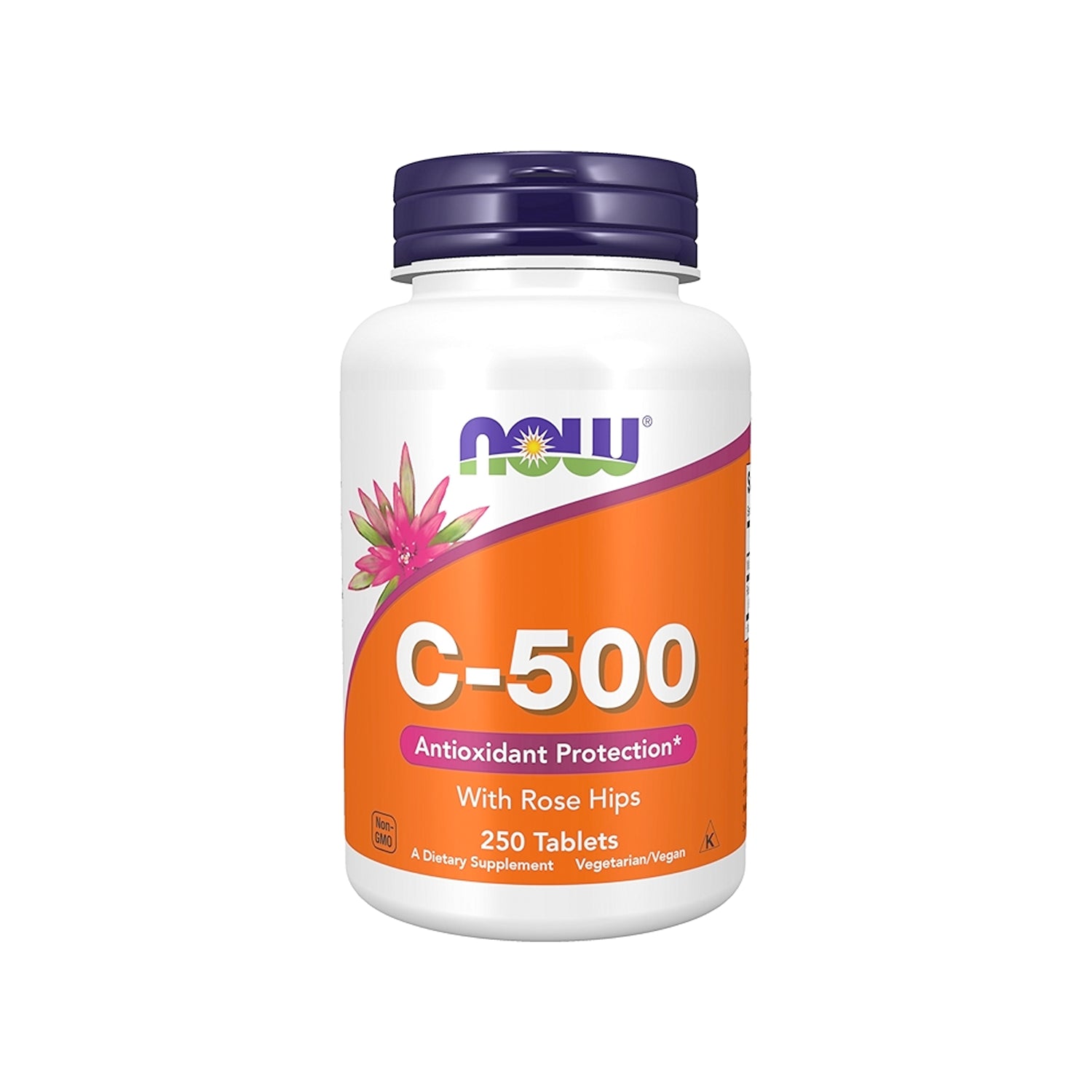 Kapsyltillskottflaska med Vitamin C-500, rosa nypon, etikett framtill.