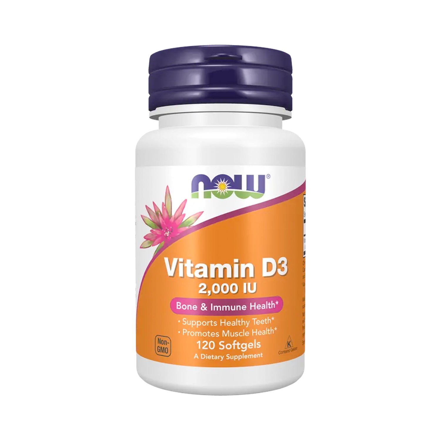 Kosttillskottflaska med NOW-logga, Vitamin D3 2000 IU och orange etikett
