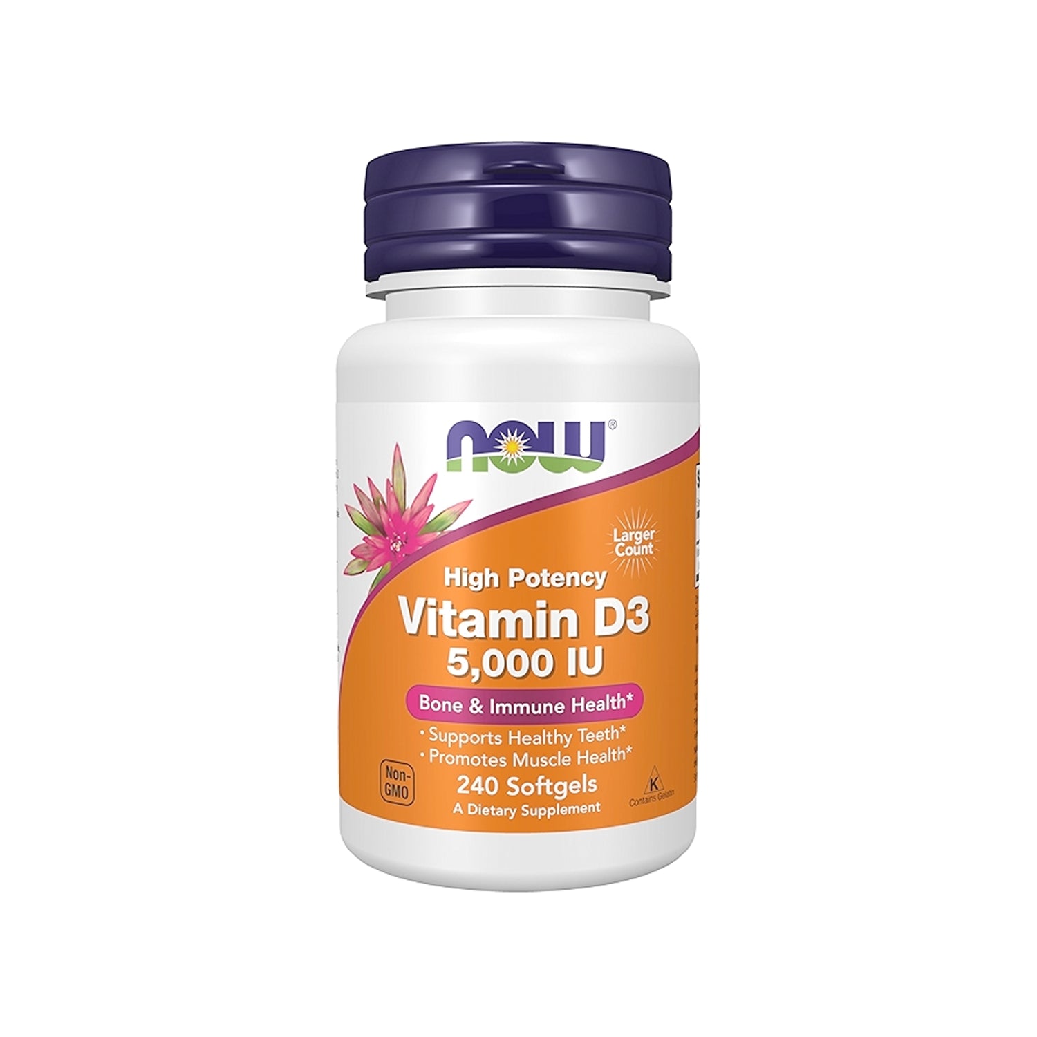 NOW Foods vitamin D3 5000 IU kosttillskott, vit burk med lila lock
