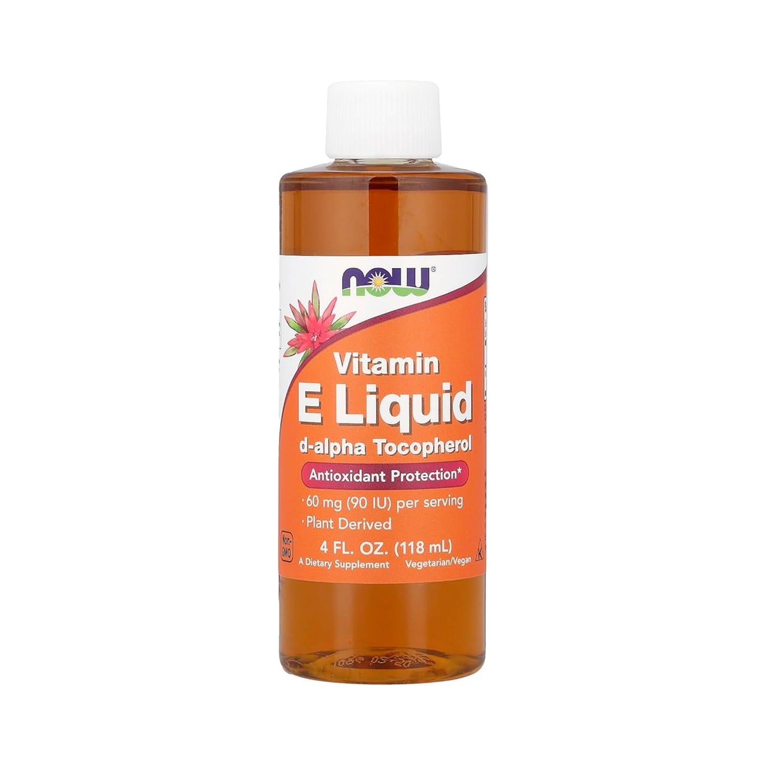 Vitamin E flytande tillskott i brun flaska med vit etikett, 118 ml, NOW Foods.