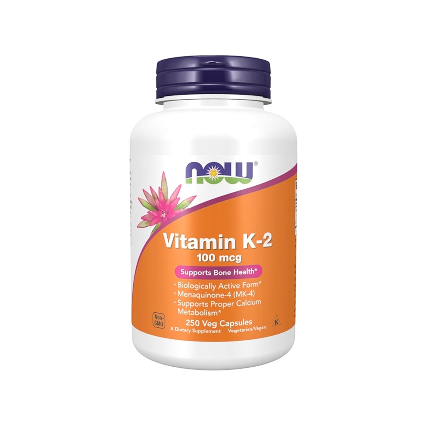 Vitamin K-2 tillskott i vit plastflaska med lila skruvkork och etikett