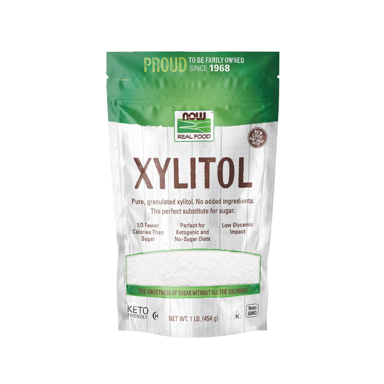 NOW Foods xylitol 454 g i grön och vit påse