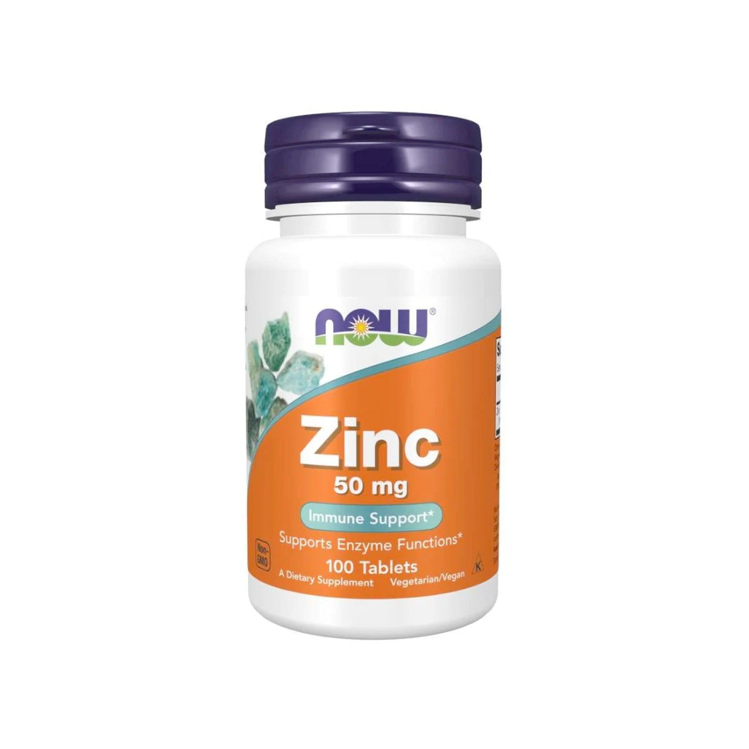 Zinktablettflaska NOW Foods med lock, etikett Zinc 50 mg och 100 tabletter