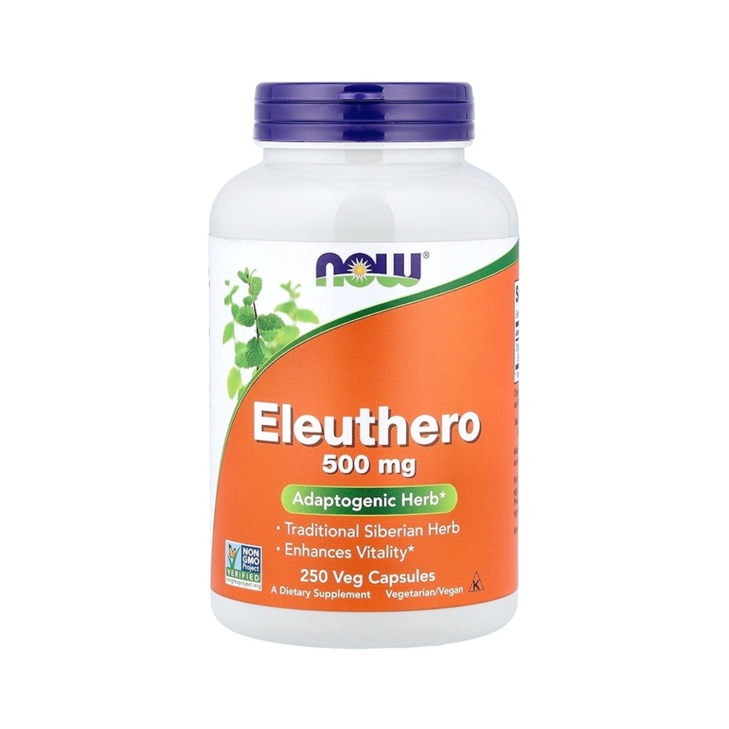 NOW Eleuthero 500 mg kosttillskott i burk med etikett, 250 veg. kapslar