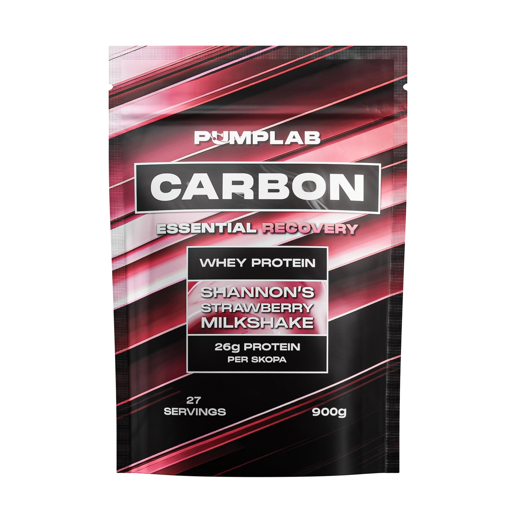 PumpLab CARBON vassleprotein 900 g, jordgubbsmilkshake med 27 portioner.