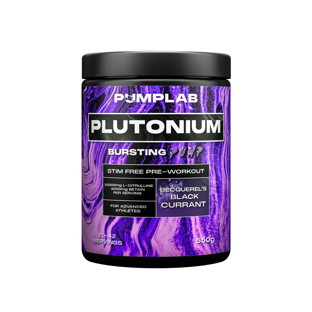 PumpLab PLUTONIUM stimfritt pre-workoutpulver, lila burk med svart vinbär, 550 g