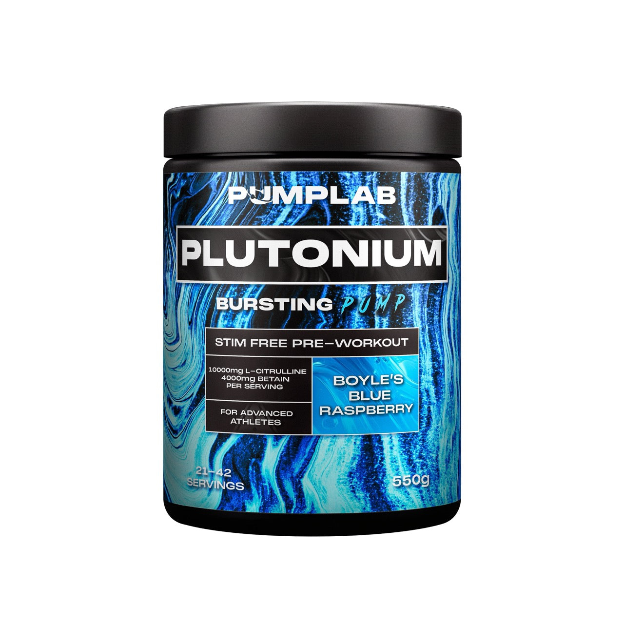 PumpLab PLUTONIUM stimfritt pre-workoutpulver, blå burk med blåhallon, 550 g