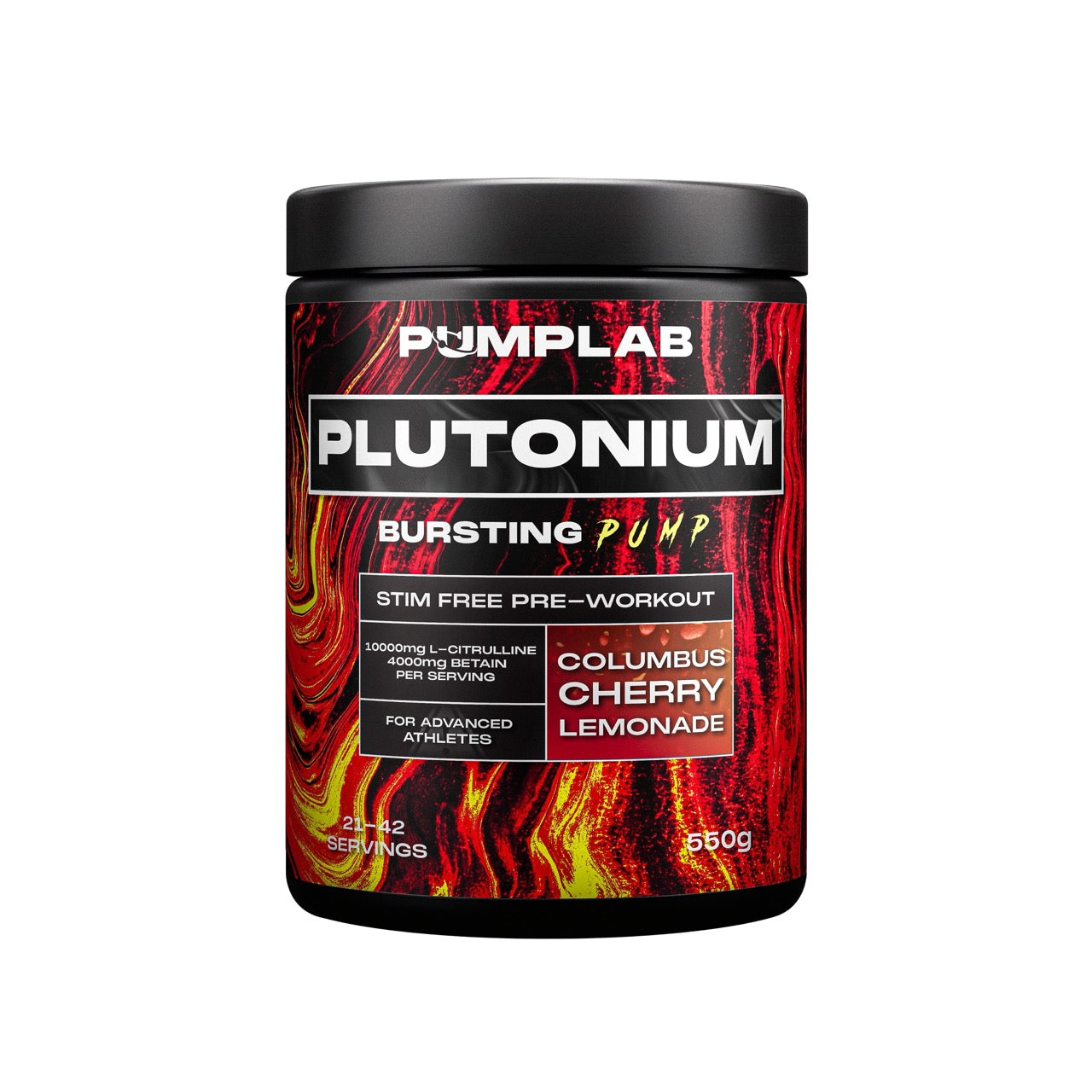 PumpLab PLUTONIUM stimfritt pre-workoutpulver, röd burk med körsbärscitron, 550 g