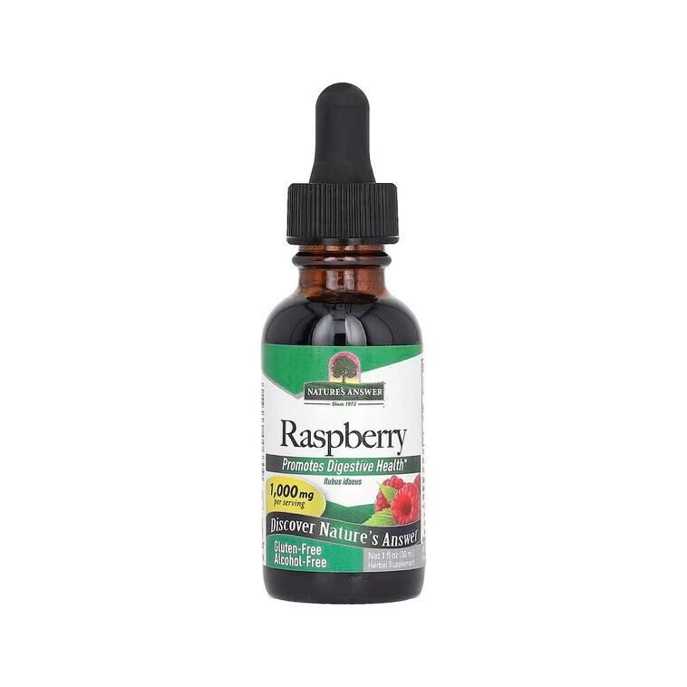 Nature's Answer rapsberrextrakt i brun glasflaska med pipett, etikett "Raspberry"