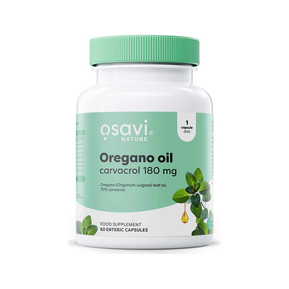Oreganoolja karvakrol 180 mg, kapseltillskott i vit flaska med grön skruvkork