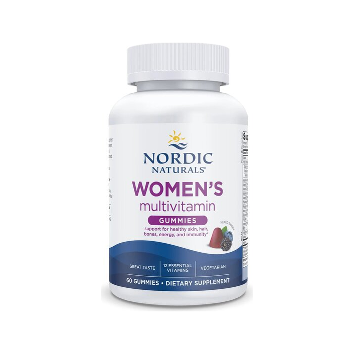 Nordic Naturals multivitamin-gummin för kvinnor i flaska med vit skruvkork, blandade bär.