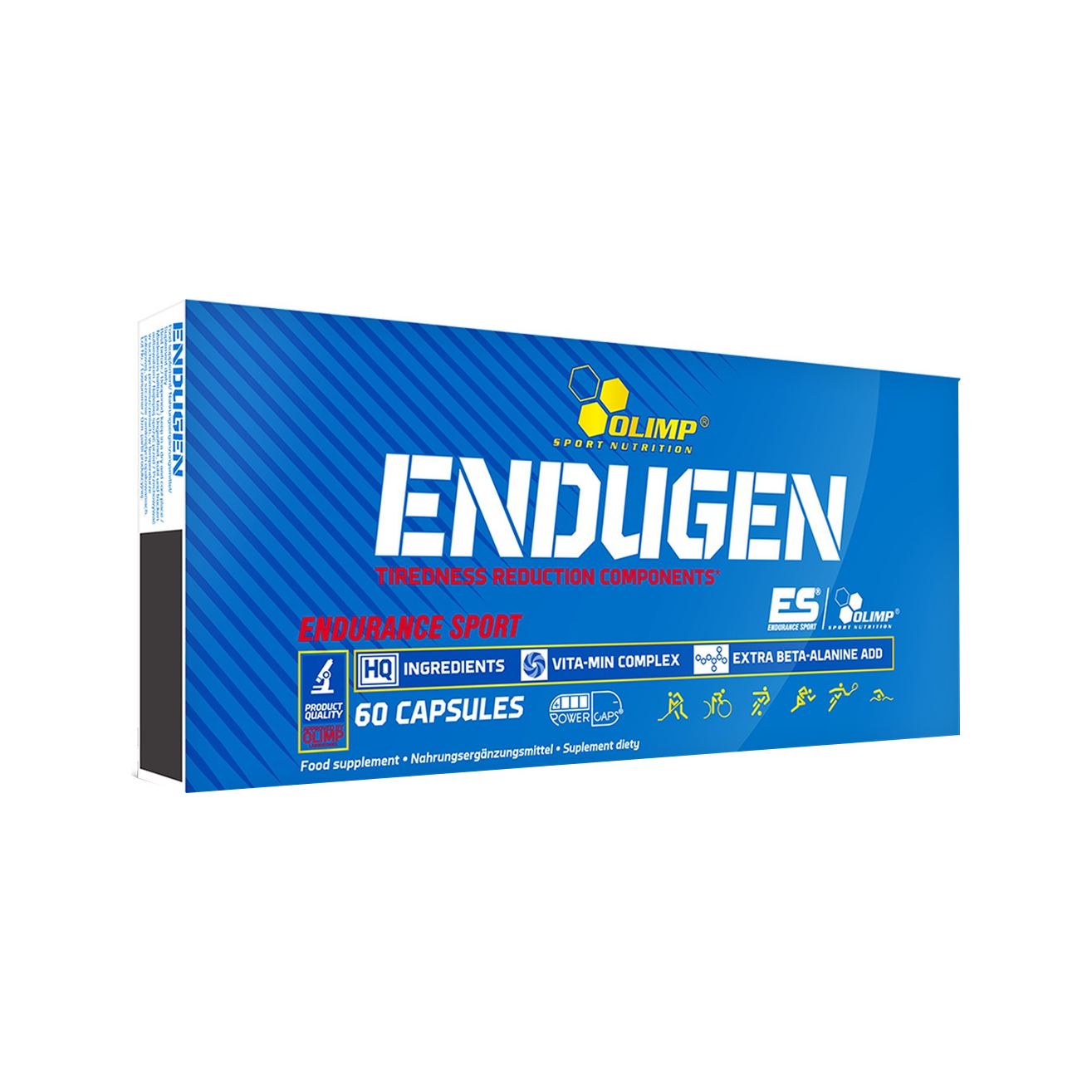 Blå kartongförpackning med texten ENDUGEN och 60 kapslar.