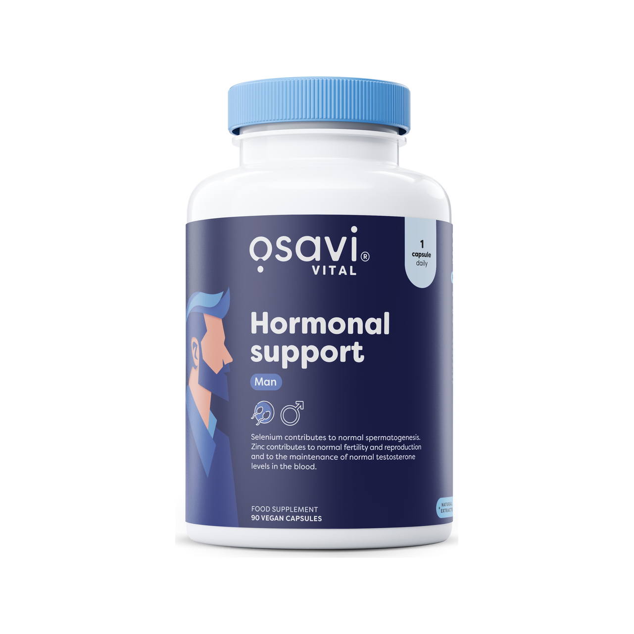 Osavi Hormonal Support Man kapselbeholder med blå lock och etikett
