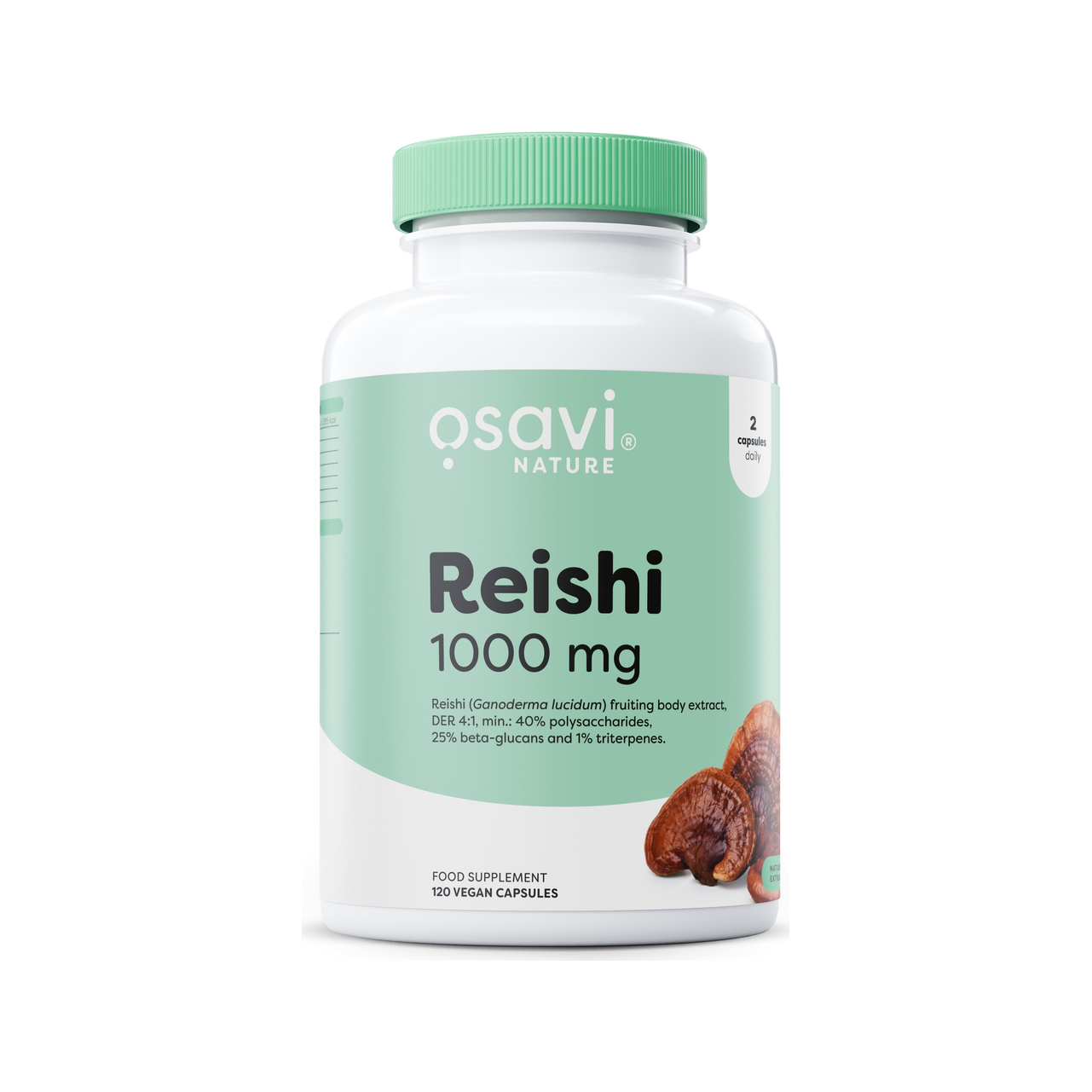Osavi Reishi 1000 mg kapseltillskott i vit burk med grön etikett och lock