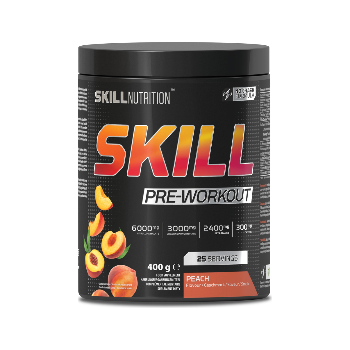 SKILL Pre-Workout-burk med persika, 400 g (25 portioner)