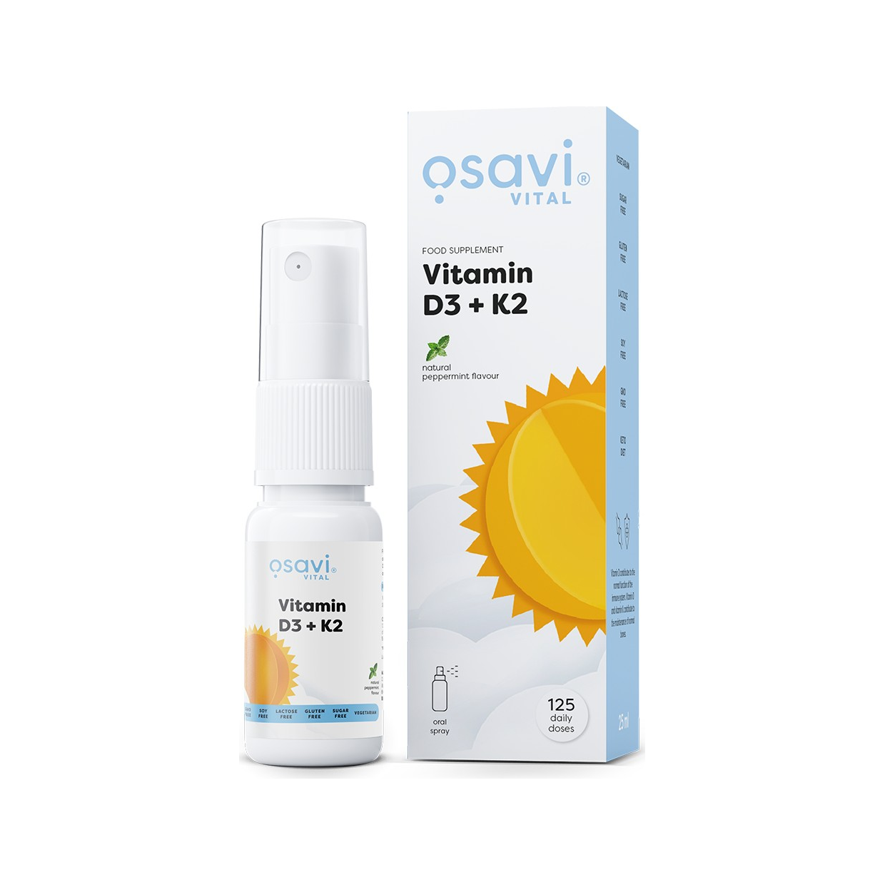 Munspray med Vitamin D3 och K2 i vit sprayflaska och kartong, pepparmintsmak