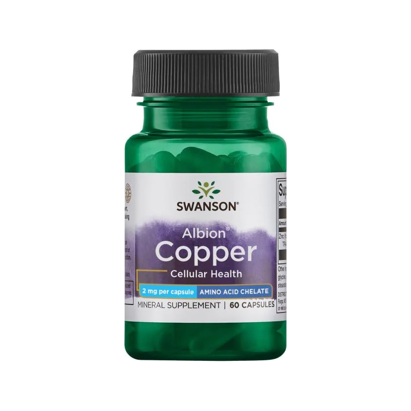 Swanson Albion Copper kosttillskott i glasflaska med grönt lock, 60 kapslar