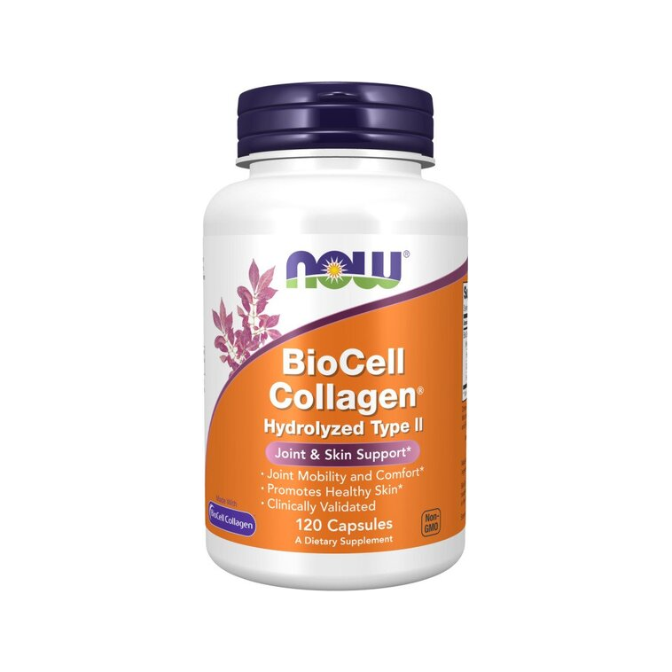 NOW Foods BioCell kollagenflaska med lock, Hydrolyzed Type II, 120 kapslar